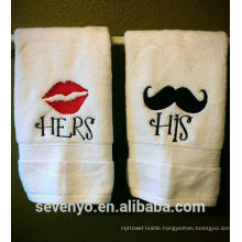 High quality Embroidered"His and Hers Mustache and Lips" Hand Towels Ht-098 China Factory